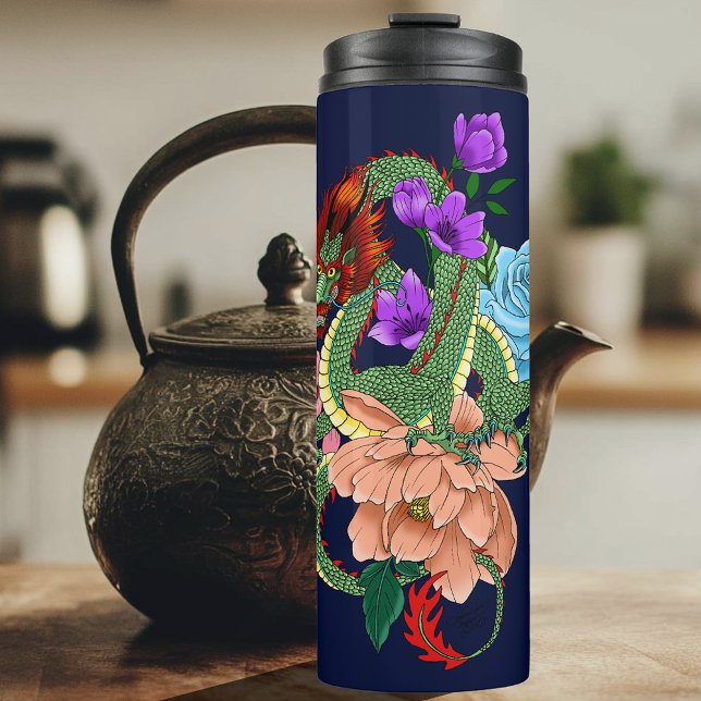 Chinesische Dragon Navy Blue Blumen Thermosbecher (Von Creator hochgeladen)