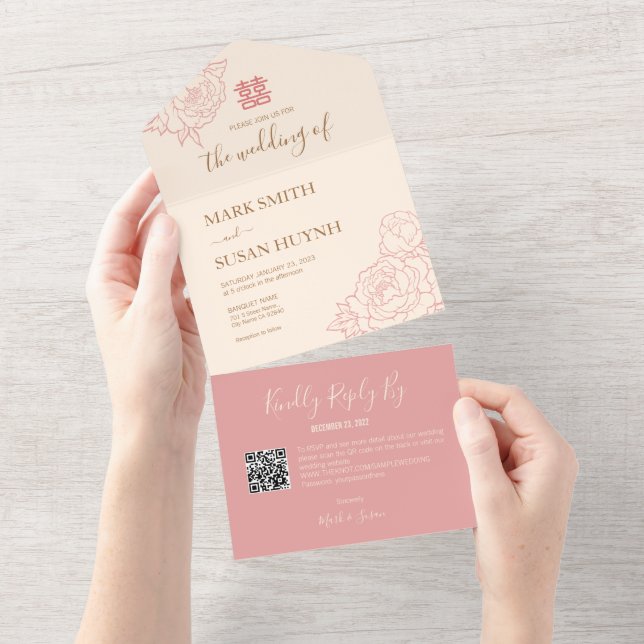 Chinesische Elegante Peony All in One Wedding Einl All In One Einladung (Abreißen)