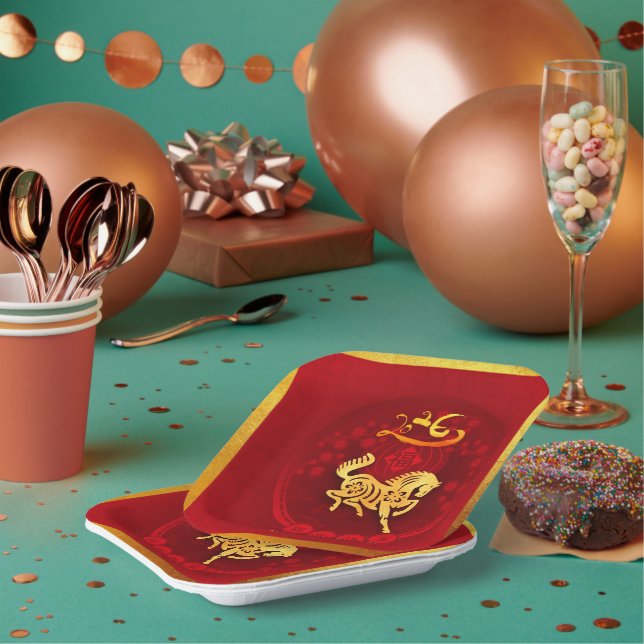 Chinesische FU Luck Laterne Horse Jahr Gruß PP02 Pappteller (Multi)