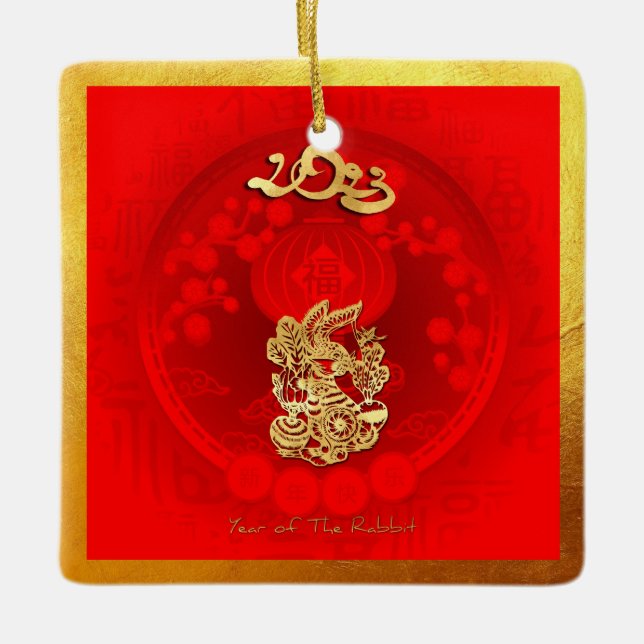 Chinesische FU Luck Laterne Kaninchen Jahr Gruß Sq Keramikornament (Vorderseite)
