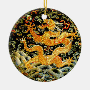 Chinesische gestickter goldener Drache des Keramik Ornament
