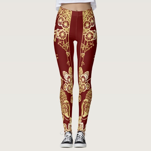 Chinesische Goldkrane über Rot Leggings (Vorderseite)