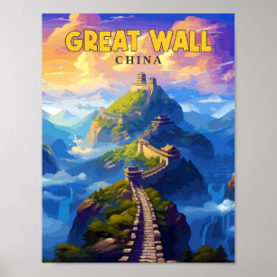 Chinesische Große Mauer Vintage-Reiseillustration Poster