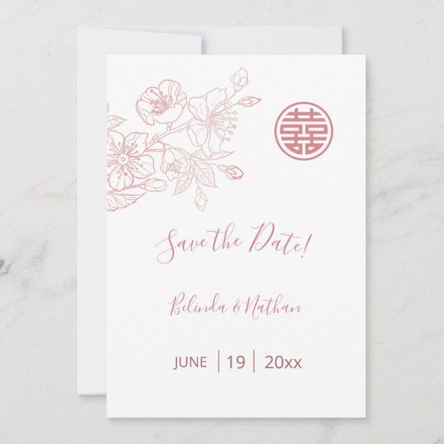 Chinesische Hochzeit Blush Pink Bloral Save The Date (Vorderseite)