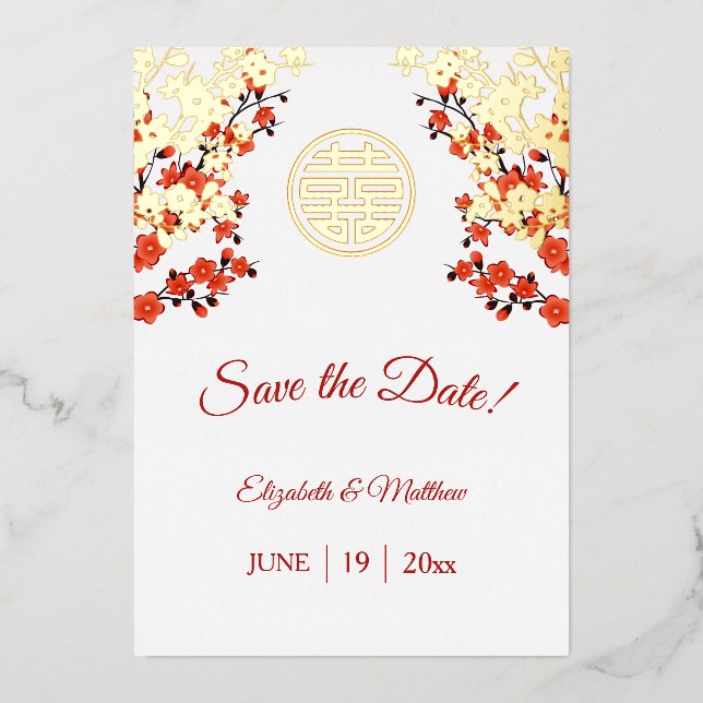 Chinesische Hochzeit doppeltes Glück Cherry Blosso Folieneinladung (Vorderseite)