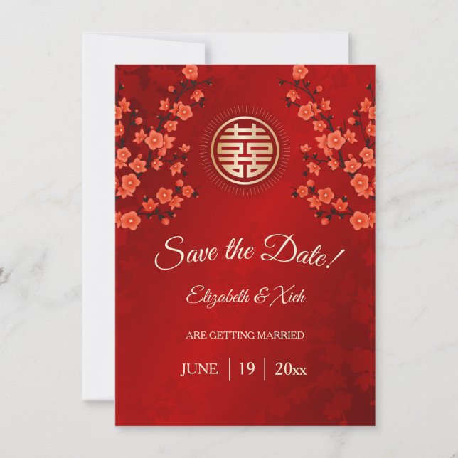 Chinesische Hochzeit doppeltes Glück Cherry Blosso Save The Date (Vorderseite)