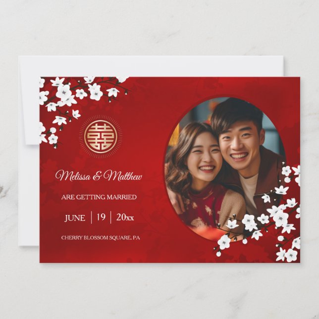 Chinesische Hochzeit doppeltes Glück Cherry Blosso Save The Date (Vorderseite)