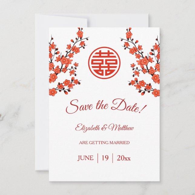 Chinesische Hochzeit doppeltes Glück Cherry Blosso Save The Date (Vorderseite)
