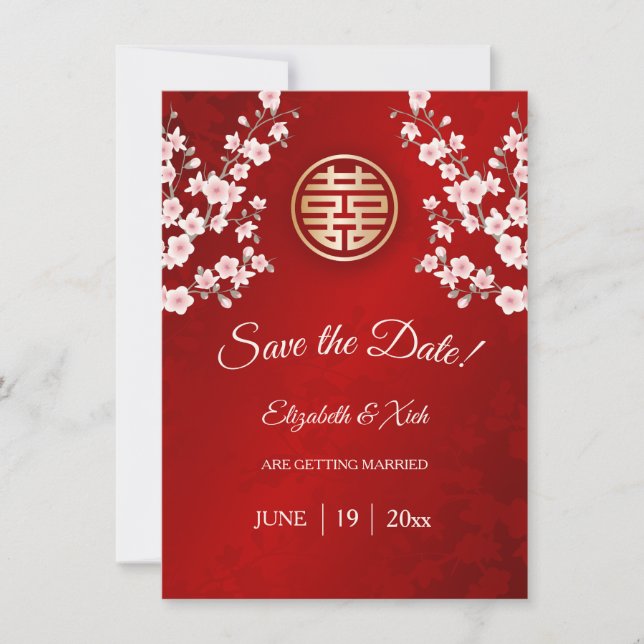 Chinesische Hochzeit doppeltes Glück Cherry Blosso Save The Date (Vorderseite)