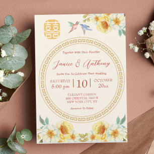 Chinesische Hochzeit gelbe Blumen Vögel elegant Einladung