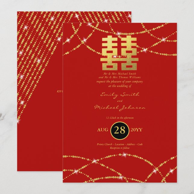 Chinesische Hochzeit Gold Lights Doppeltes Glück Einladung (Vorne/Hinten)