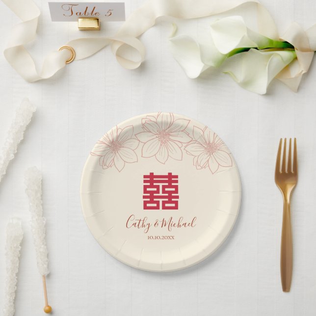 Chinesische Hochzeit in beige und roter Farbe Pappteller (Hochzeit)