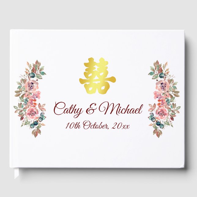Chinesische Hochzeit mit doppeltem Glück blühend Gästebuch (Vorderseite)