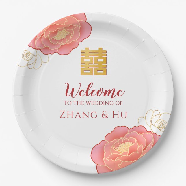 Chinesische Hochzeit mit edlem Gold Peony Pappteller (Vorderseite)