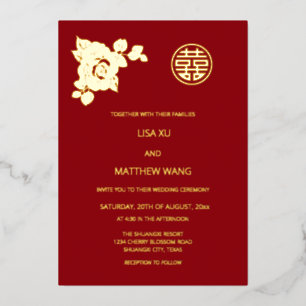 Chinesische Hochzeit mit Gold-Rose Folieneinladung