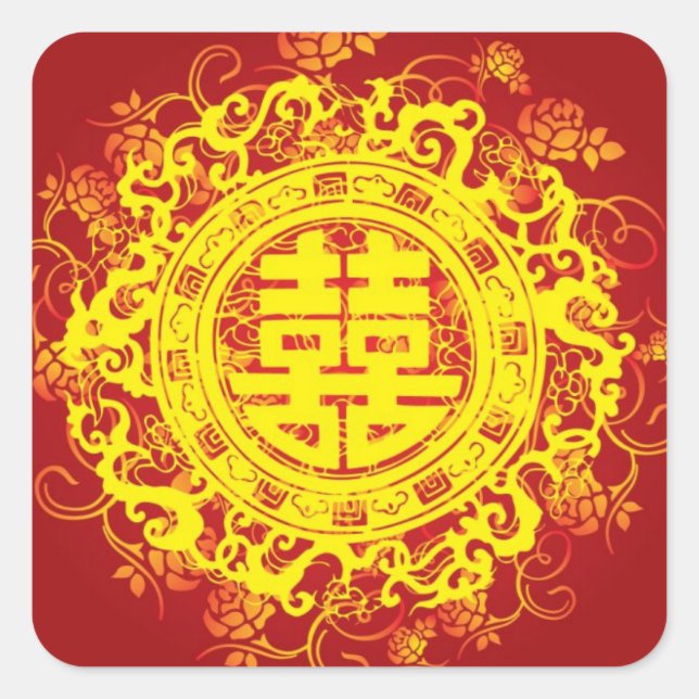 Chinesische Hochzeit mit Red Gold Yellow Double Ha Quadratischer Aufkleber (Vorderseite)