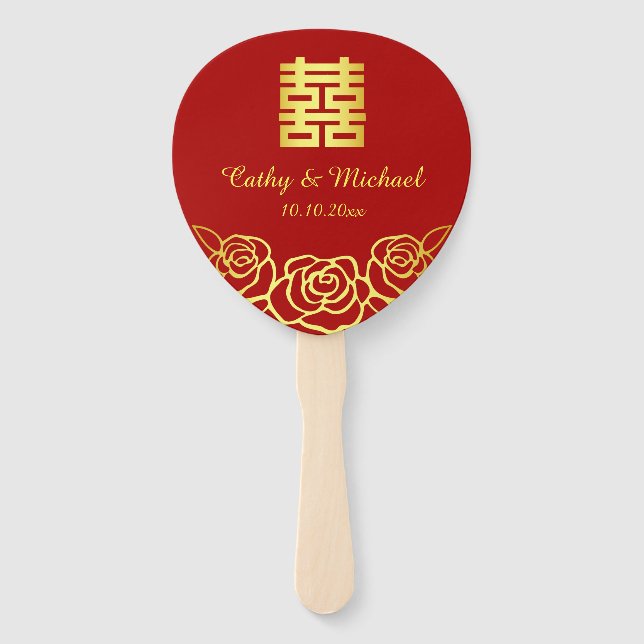 Chinesische Hochzeit Rose Papercut rot und gold Fächer (Vorderseite)