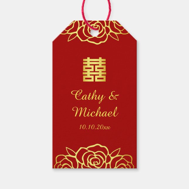 Chinesische Hochzeit Rose Papercut rot und gold Geschenkanhänger (Vorderseite)