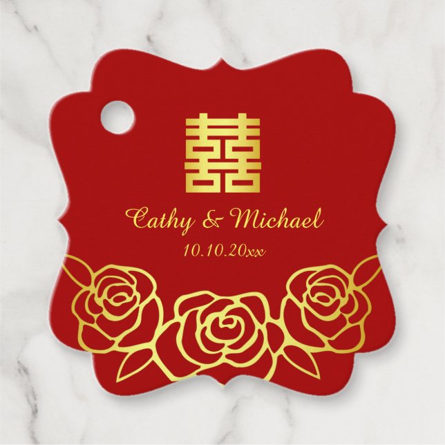 Chinesische Hochzeit Rose Papercut rot und gold Geschenkanhänger (Vorderseite)