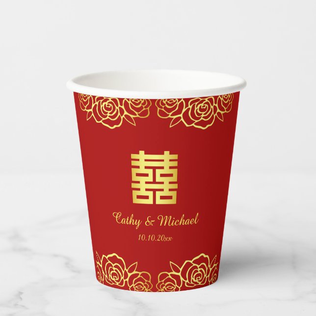 Chinesische Hochzeit Rose Papercut rot und gold Pappbecher (Vorderseite)