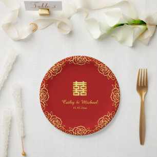 Chinesische Hochzeit Rose Papercut rot und gold Pappteller