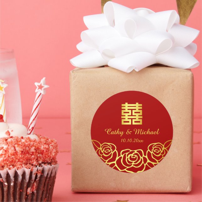 Chinesische Hochzeit Rose Papercut rot und gold Runder Aufkleber (Party)