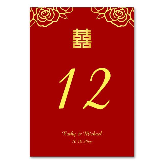 Chinesische Hochzeit Rose Papercut rot und gold Tischnummer (Rückseite)