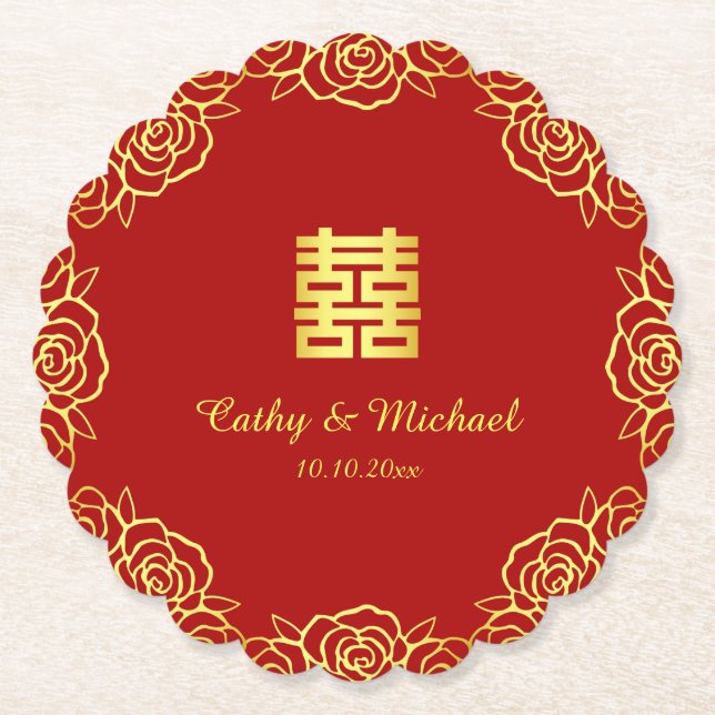 Chinesische Hochzeit Rose Papercut rot und gold Untersetzer (Vorderseite)