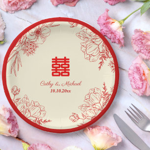 Chinesische Hochzeit rot beige floral orientalisch Pappteller