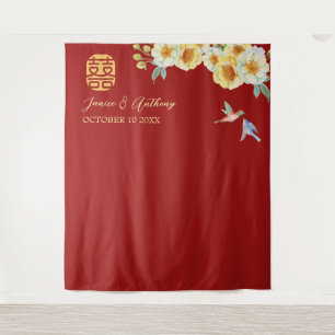 Chinesische Hochzeit Roter Blumenvogel Foto Hinter Wandteppich