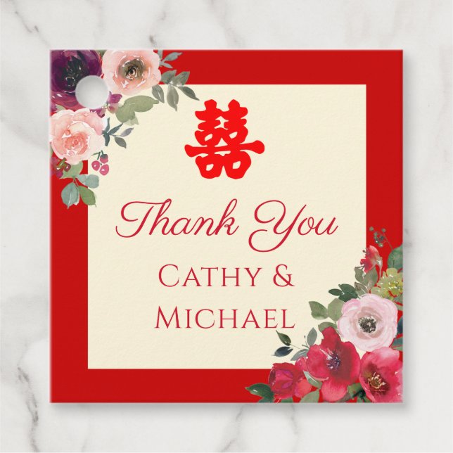 Chinesische Hochzeit roter Garten Blumen Doppelglü Geschenkanhänger (Vorderseite)