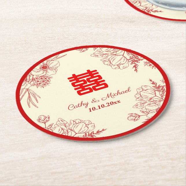 Chinesische Hochzeit rotes Beige Blumengestein Ori Runder Pappuntersetzer (Angewinkelt)