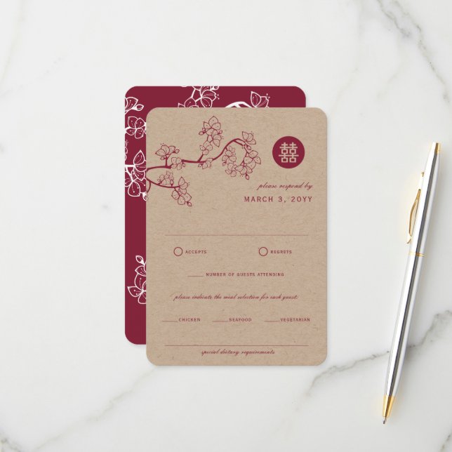 Chinesische Hochzeit von Crimson Peach/Plum Blosso RSVP Karte (Vorderseite/Rückseite Beispiel)