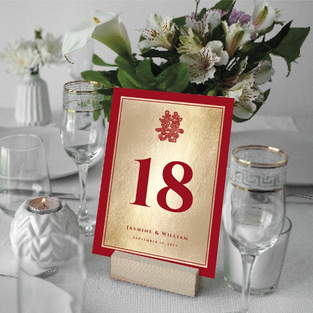 Chinesische Hochzeitsstiftung mit Papierschnitt Einladung (Red/Gold Paper Cut Double Happiness Chinese Wedding 5" x 7" Table Number Card @ fatfatin_red_knot)