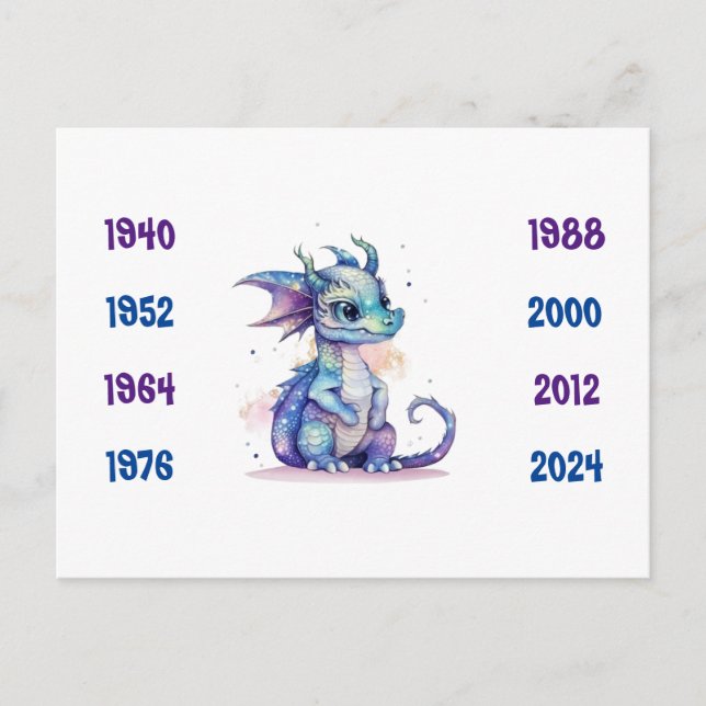 Chinesische Jahre des Drachen blau 1940 bis 2024 Postkarte (Vorderseite)