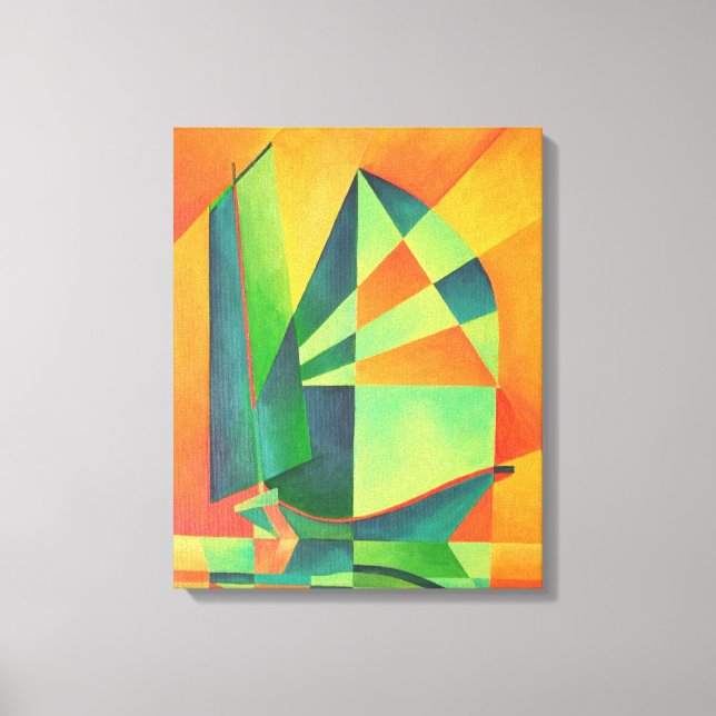 Chinesische Junk segelt bei Sonnenaufgang Orange u Leinwanddruck (Vorderseite)