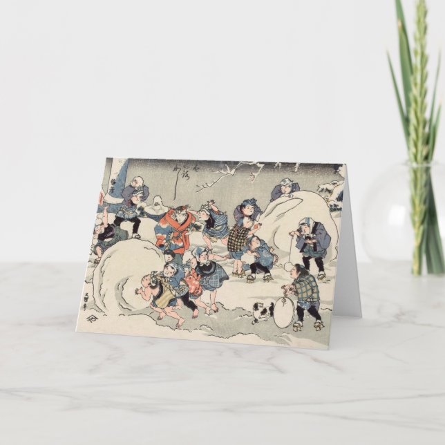 Chinesische Kinder machen Schneebälle Feiertagskarte (Vorderseite)
