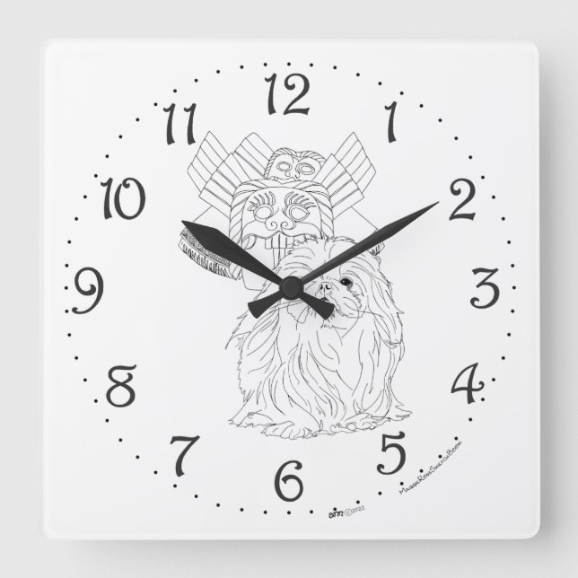 Chinesische Kunst und Pekingese Dog Square Wall Uh Quadratische Wanduhr (Vorderseite)