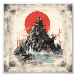 Chinesische Landschaft mit einem kleinen Haus auf  Fotodruck