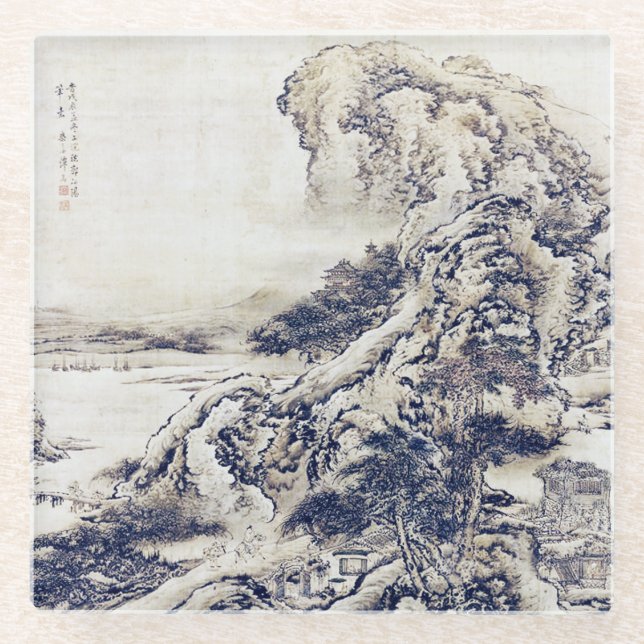 Chinesische Landschaftsmalerei Vintage Kunst Schwa Glasuntersetzer (Vorderseite)