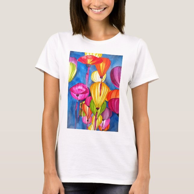 Chinesische Lanterns Aquarellkunst T-Shirt (Vorderseite)