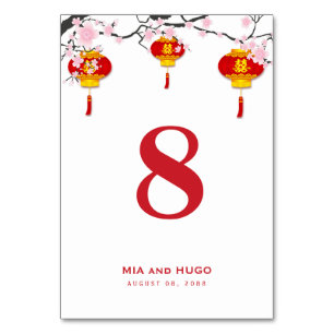 Chinesische Laterne und Kirschblüten Hochzeit Tischnummer
