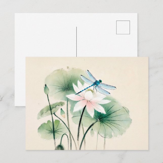 Chinesische Libelle auf Lotus Postkarte (Vorne/Hinten)