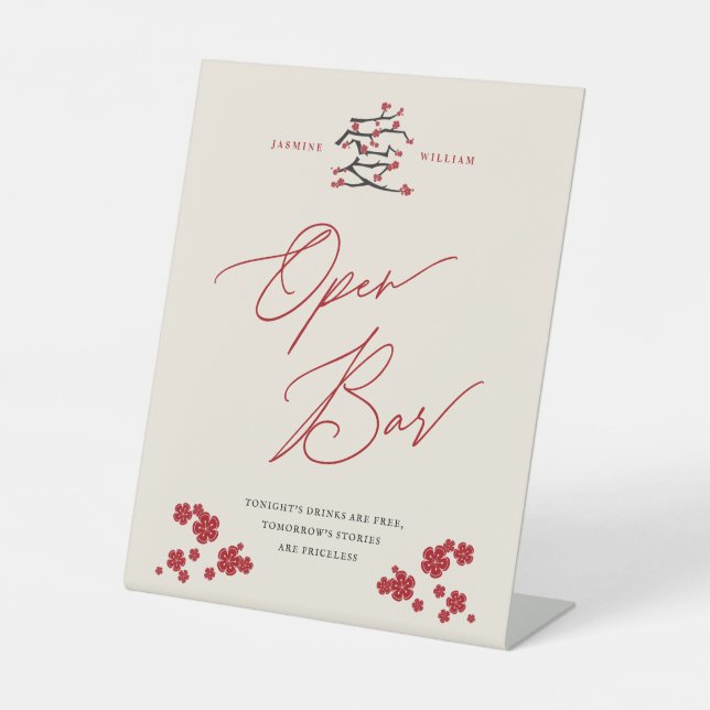 Chinesische Liebe Rote Kirsche Blüten Open Bar Wed Sockelschild (Vorderseite)