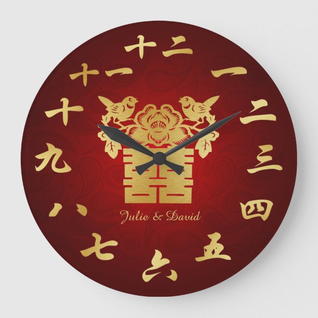 Chinesische Liebesvögel Doppelschwindelsymbol Große Wanduhr (Vorderseite)