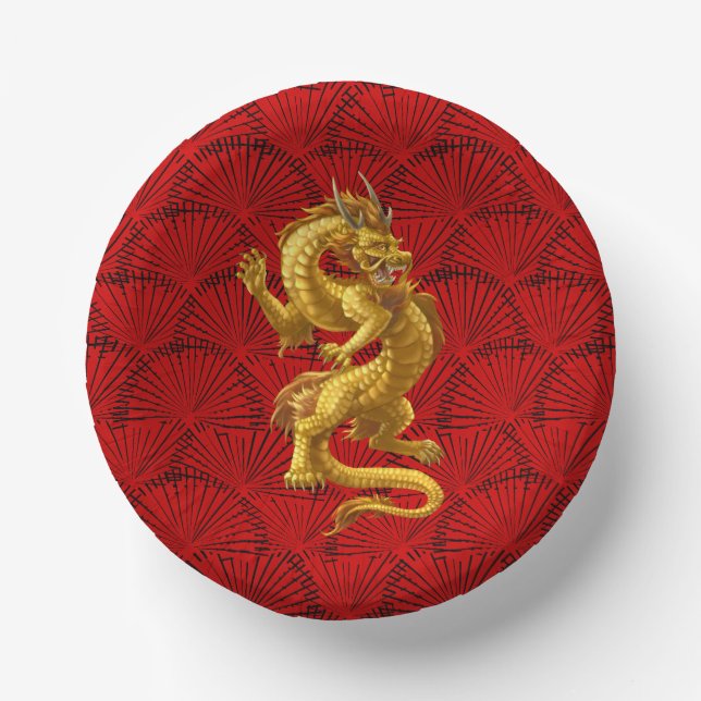 Chinesische Lucky-Gold-Dragon-Papierbowle Pappteller (Vorderseite)