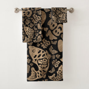Chinesische Lucky Symbole und Koi Fish Black and G Badhandtuch Set
