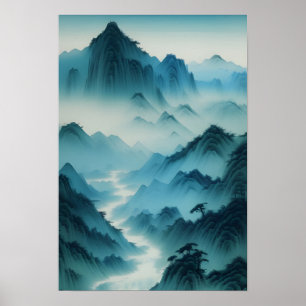 Chinesische Malerei Aquamarin Blue Misty Landschaf Poster