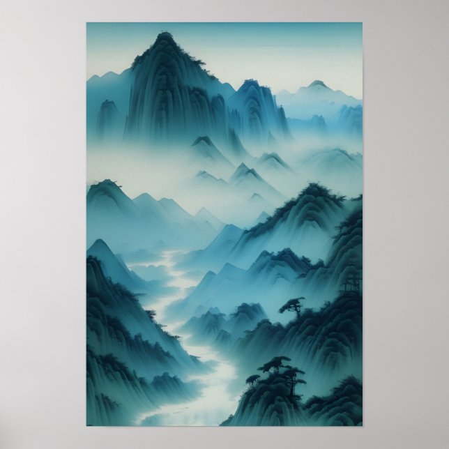 Chinesische Malerei Aquamarin Blue Misty Landschaf Poster (Vorne)