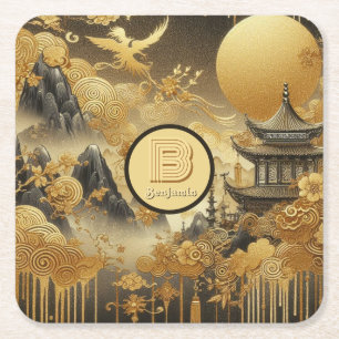 Chinesische Malerei Faux-Gold-Tropfen-Monogramm Rechteckiger Pappuntersetzer